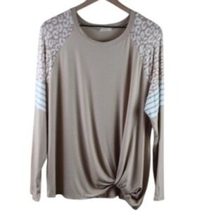 e.Luna Tan Mixed Animal Print Striped Raglan Long Sleeve Knot Front Top 1X